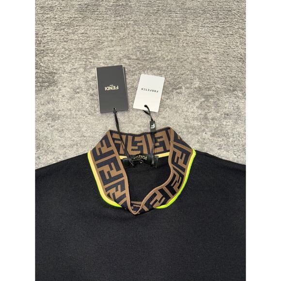 Fendi Brown Monogram Logo Green Trim Black Thin Knit Wool Turtleneck Sweater 48 - Picture 4 of 15